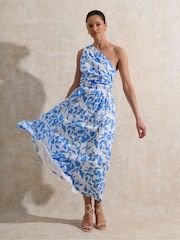 Ro&Zo Blue Aubrey Leaf Printed One Shoulder 100% Cotton Dress - Image 4 of 6