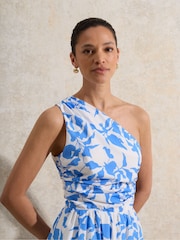 Ro&Zo Blue Aubrey Leaf Printed One Shoulder 100% Cotton Dress - Image 5 of 6