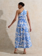 Ro&Zo Blue Aubrey Leaf Printed One Shoulder 100% Cotton Dress - Image 6 of 6