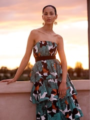 Ro&Zo Blue Claudia Leaf Print Tiered 100% Cotton Dress - Image 1 of 5