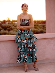 Ro&Zo Blue Claudia Leaf Print Tiered 100% Cotton Dress - Image 2 of 5