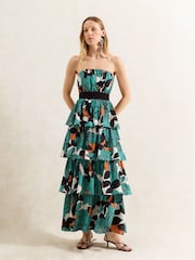 Ro&Zo Blue Claudia Leaf Print Tiered 100% Cotton Dress - Image 3 of 5