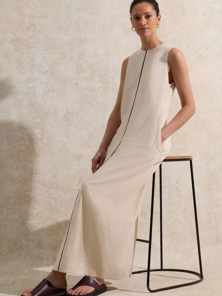 Ro&Zo Cream Linen Blend Piping Detail Midi Dress - Image 1 of 5
