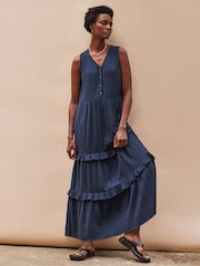 Ro&Zo Blue V-Neck Cheesecloth Midaxi 100% Cotton Dress - Image 1 of 4