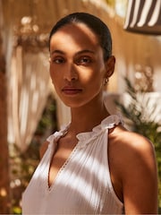Ro&Zo White 100% Cotton Frill Halter Cheesecloth Mini Dress - Image 2 of 7