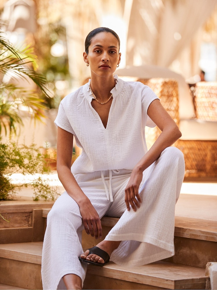 Ro&Zo 100% Cotton Cheesecloth Wide Leg Trousers - Bild 1 von 5 Ro&Zo 100% Cotton Cheesecloth Wide Leg Trousers - Bild 1 von 5