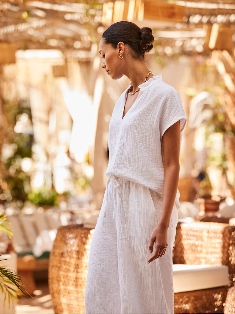 Ro&Zo White 100% Cotton Cheesecloth Wide Leg Trousers - Image 2 of 5