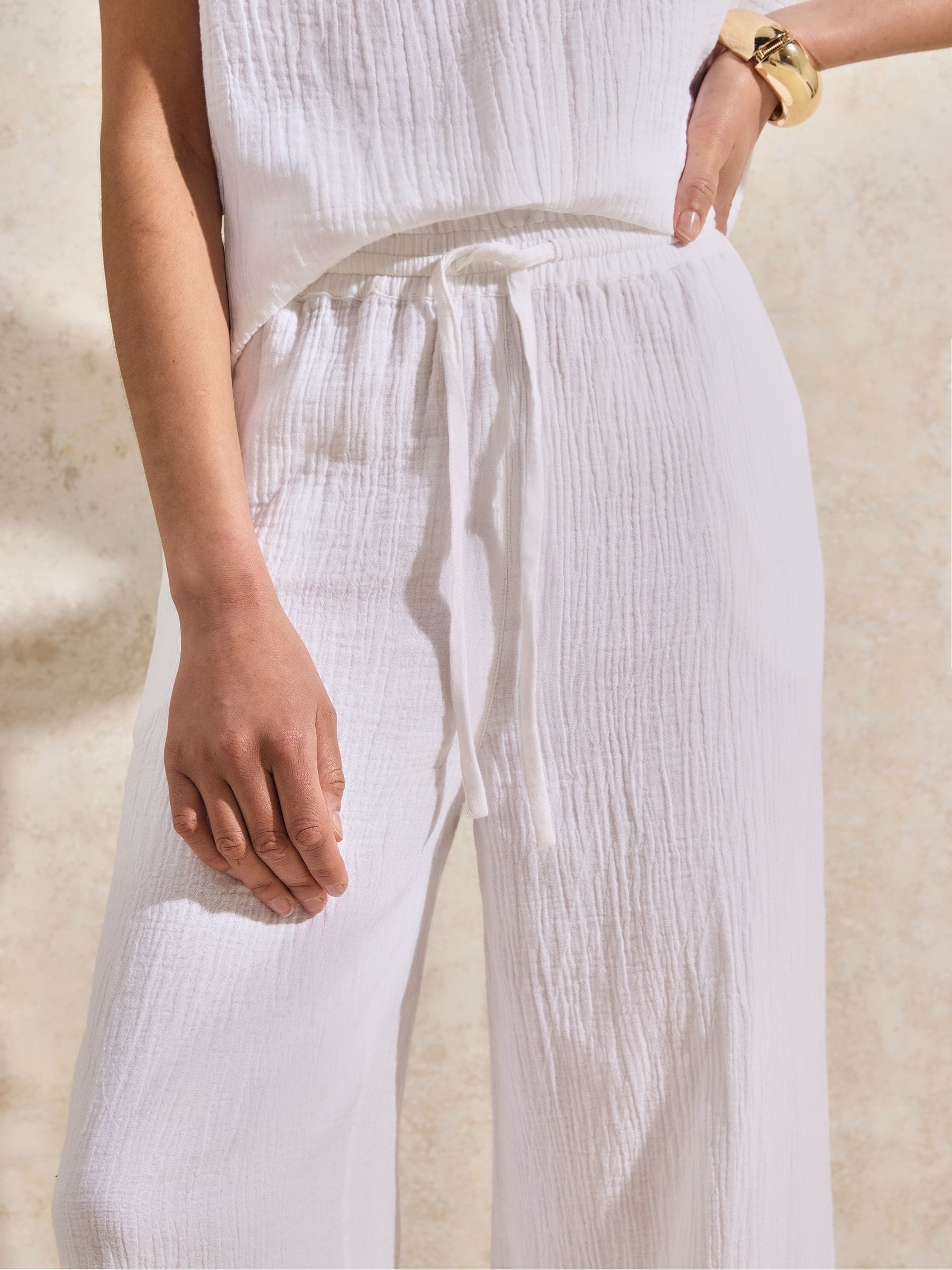 Buy Ro&Zo White 100% Cotton Cheesecloth Wide Leg Trousers from the