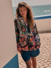 Black Painterly Scenic Print Relaxed Long Sleeve Cotton Lightweight Shirt - Image 1 of 7