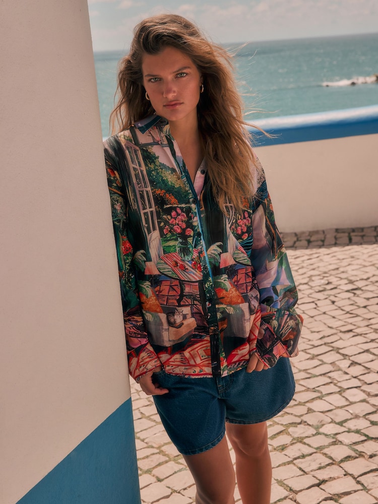 Black Painterly Scenic Print Relaxed Long Sleeve Cotton Lightweight Shirt - Image 1 of 7