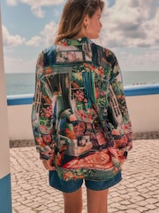 Black Painterly Scenic Print Relaxed Long Sleeve Cotton Lightweight Shirt - Image 2 of 7