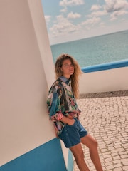 Black Painterly Scenic Print Relaxed Long Sleeve Cotton Lightweight Shirt - Image 3 of 7