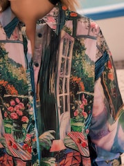 Black Painterly Scenic Print Relaxed Long Sleeve Cotton Lightweight Shirt - Image 4 of 7
