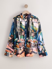 Black Painterly Scenic Print Relaxed Long Sleeve Cotton Lightweight Shirt - Image 5 of 7