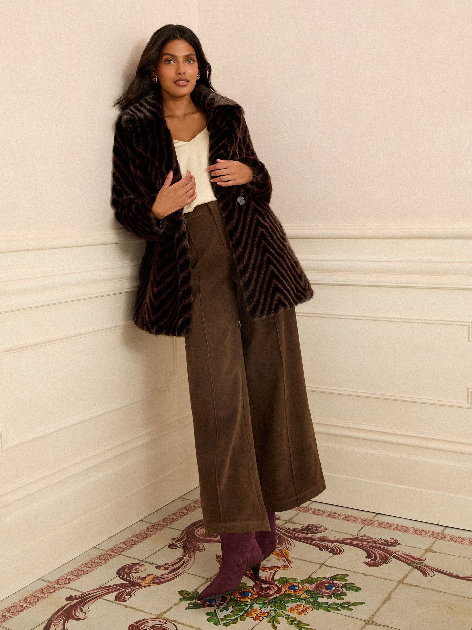 Buy Love & Roses Chocolate Brown Chevron Faux Fur Coat from Next USA