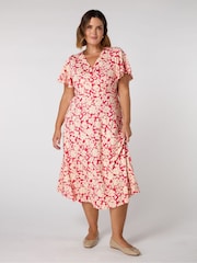 Live Unlimited Pink Petite Curve Raspberry Floral Print Flutter Sleeve Wrap Dress - Image 1 of 3