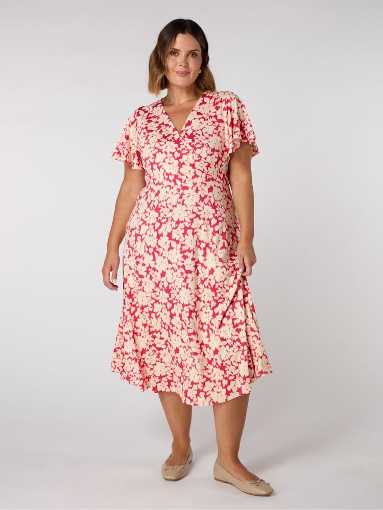Live Unlimited Pink Petite Curve Raspberry Floral Print Flutter Sleeve Wrap Dress - Image 1 of 3