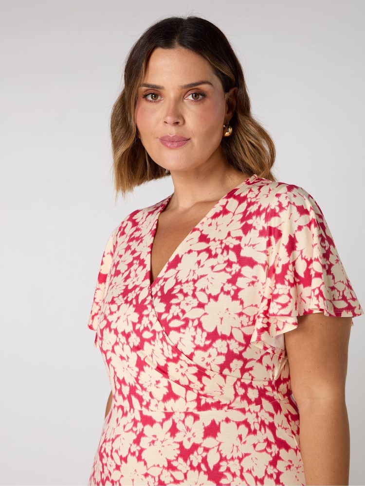 Live Unlimited Pink Petite Curve Raspberry Floral Print Flutter Sleeve Wrap Dress - Image 3 of 3