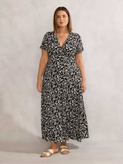 Live Unlimited Black Curve Mono Print Short Sleeve Maxi Wrap Dress - Image 1 of 3