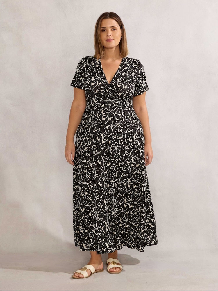 Live Unlimited Black Curve Mono Print Short Sleeve Maxi Wrap Dress - Image 1 of 3