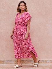Live Unlimited Pink Curve Abstract Print Gathered Midi Dress - Image 2 of 4