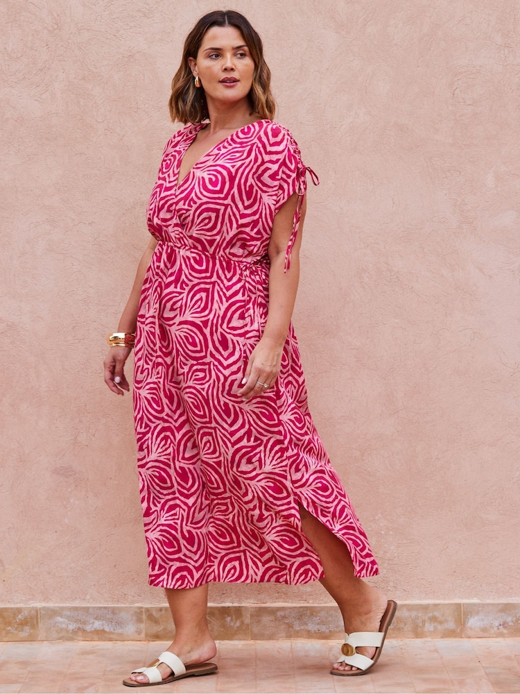 Live Unlimited Pink Curve Abstract Print Gathered Midi Dress - Image 2 of 4