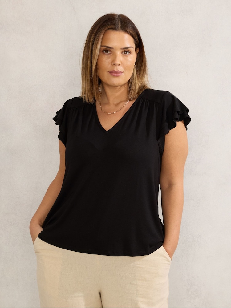 Live Unlimited Black Jersey Flutter Sleeve Top - Image 2 of 3 Live Unlimited Black Jersey Flutter Sleeve Top - Image 2 of 3