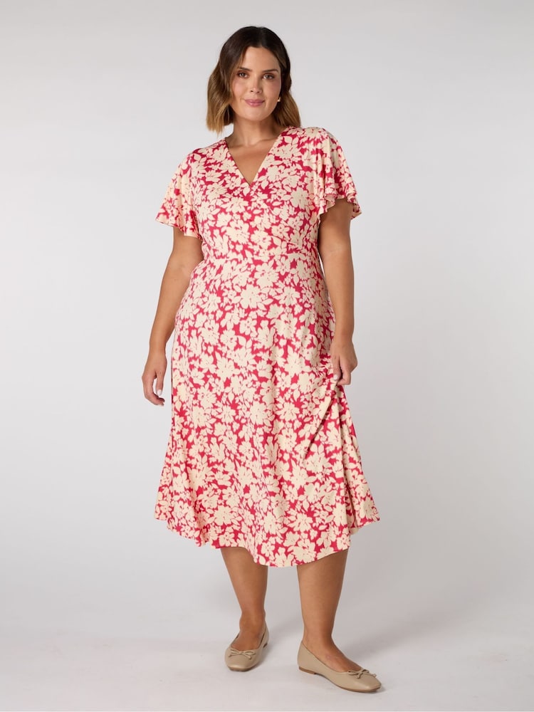 Live Unlimited Pink Curve Raspberry Floral Print Flutter Sleeve Wrap Dress - Image 1 of 3