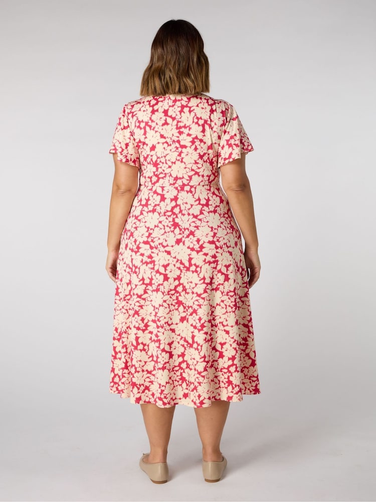 Live Unlimited Pink Curve Raspberry Floral Print Flutter Sleeve Wrap Dress - Image 2 of 3