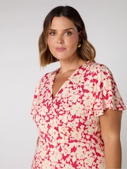 Live Unlimited Pink Curve Raspberry Floral Print Flutter Sleeve Wrap Dress - Image 3 of 3