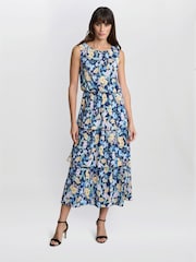 Gina Bacconi Blue Floral Print Plisse Tier Dress - Image 1 of 7