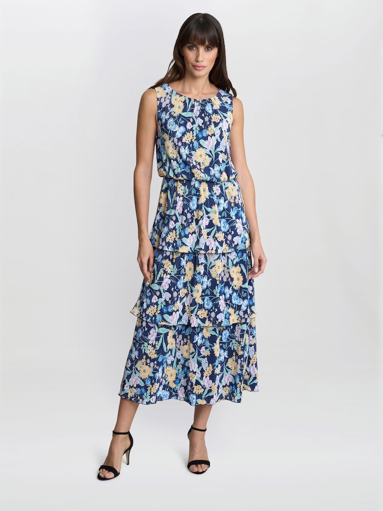 Gina Bacconi Blue Floral Print Plisse Tier Dress - Image 1 of 7