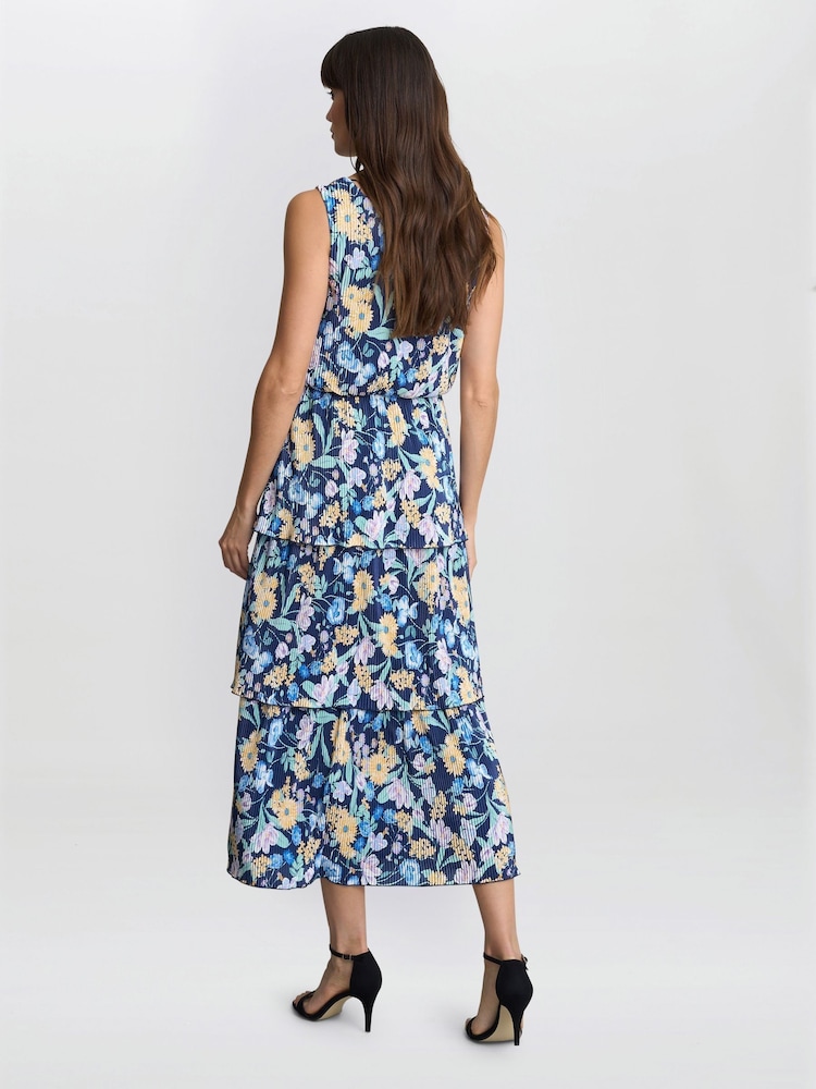 Gina Bacconi Blue Floral Print Plisse Tier Dress - Image 2 of 7