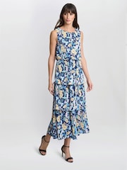 Gina Bacconi Blue Floral Print Plisse Tier Dress - Image 3 of 7