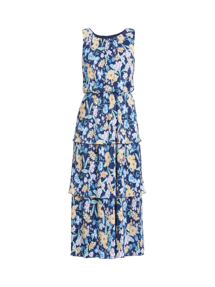 Gina Bacconi Blue Floral Print Plisse Tier Dress - Image 7 of 7