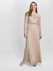 Gina Bacconi Gold Sylvia Metallic Off The Shoulder Dress - Image 1 of 5