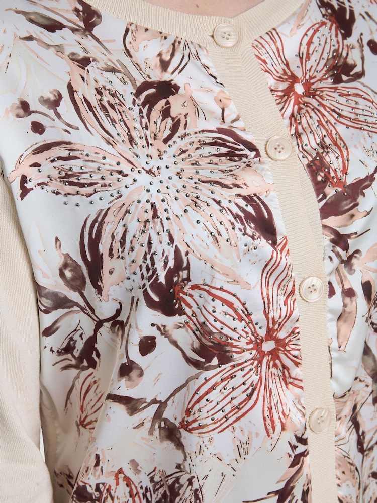 Gina Bacconi Vilma Floral Print Satin Front Brown Cardigan - Image 4 of 5