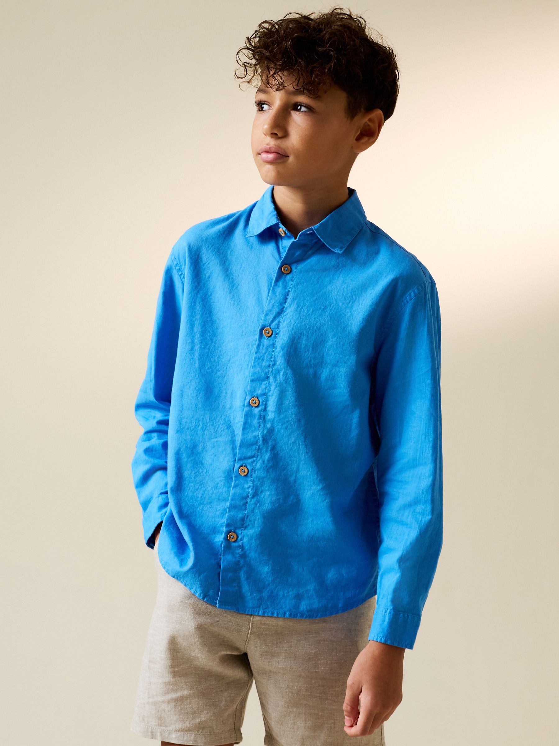 Buy Bright Blue Long Sleeve Relaxed Linen Blend Shirt (3-16yrs