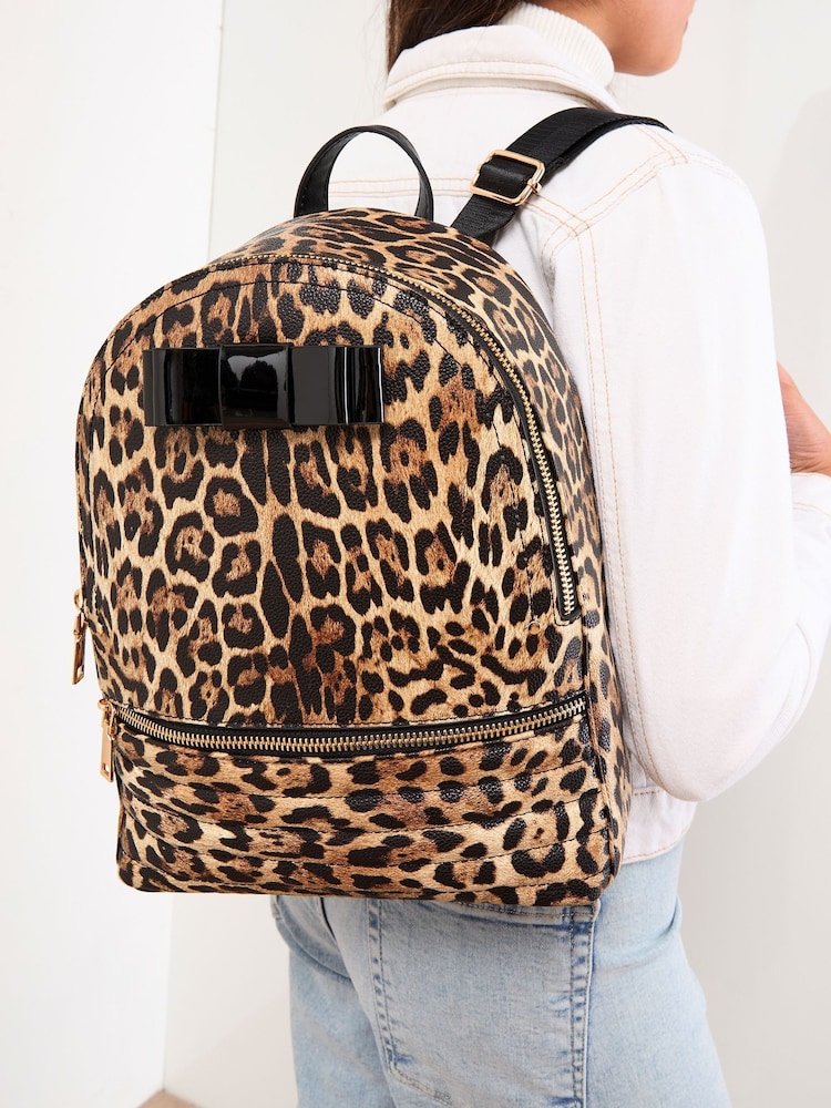 Lipsy Leopard Print Bow Detail School Backpack - Image 2 of 6