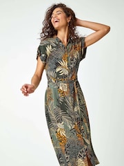 Roman Green Tropical Leaf Print Shirt Dress - Image 1 of 5