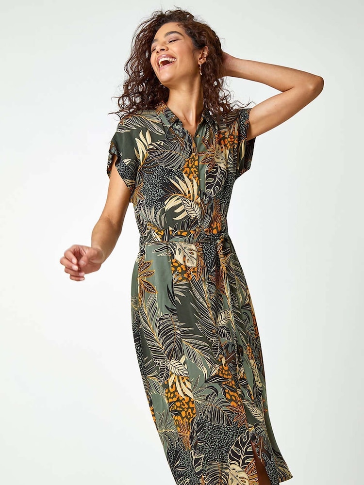 Roman Green Tropical Leaf Print Shirt Dress - Image 1 of 5