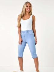 Roman Blue Stretch Knee Length Pedal Pusher Shorts - Image 1 of 5