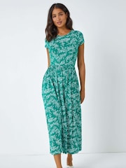 Roman Green Ditsy Gathered Skirt Stretch Midi Dress - Image 1 of 5