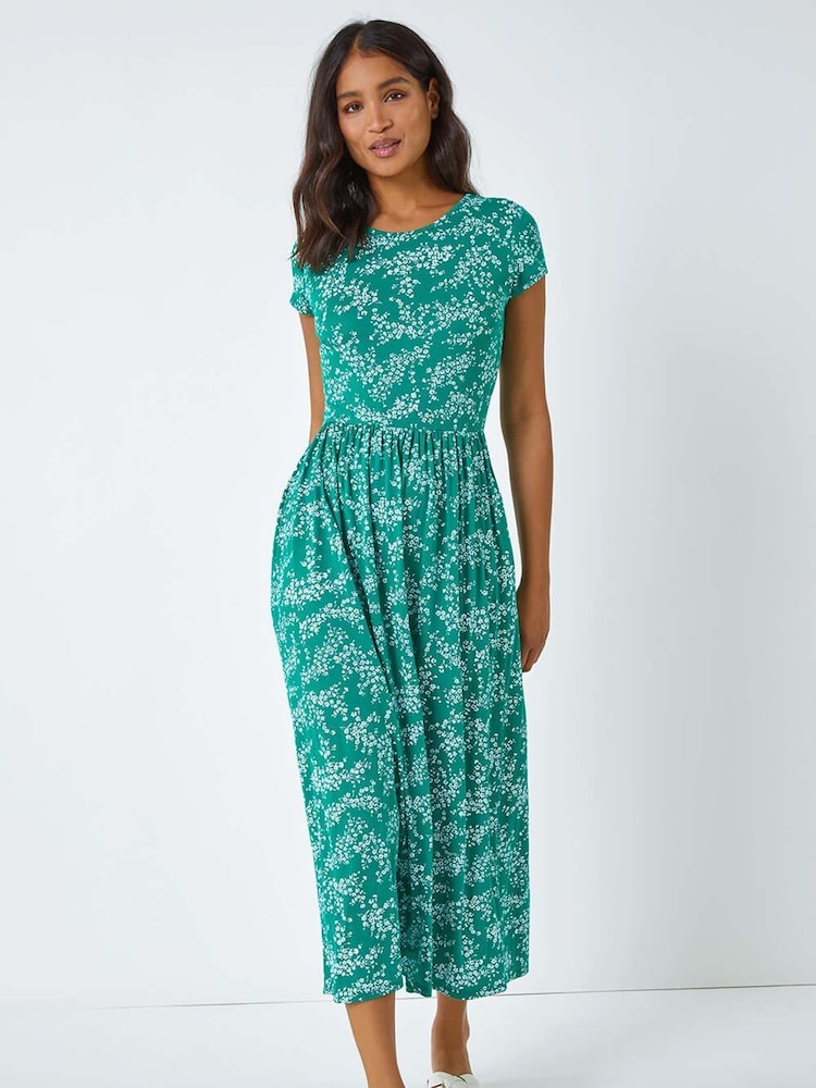 Roman Green Ditsy Gathered Skirt Stretch Midi Dress - Image 1 of 5