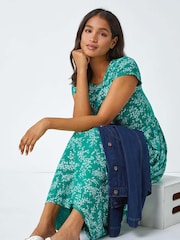 Roman Green Ditsy Gathered Skirt Stretch Midi Dress - Image 2 of 5