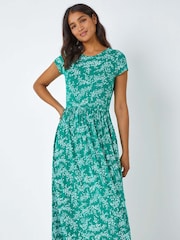 Roman Green Ditsy Gathered Skirt Stretch Midi Dress - Image 3 of 5
