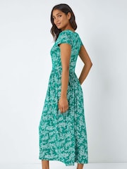 Roman Green Ditsy Gathered Skirt Stretch Midi Dress - Image 4 of 5