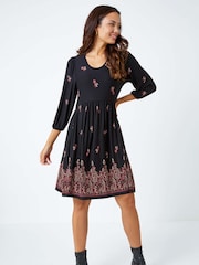 Roman Black Paisley Border Print Stretch Dress - Image 1 of 5