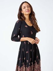 Roman Black Paisley Border Print Stretch Dress - Image 2 of 5