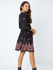 Roman Black Paisley Border Print Stretch Dress - Image 3 of 5